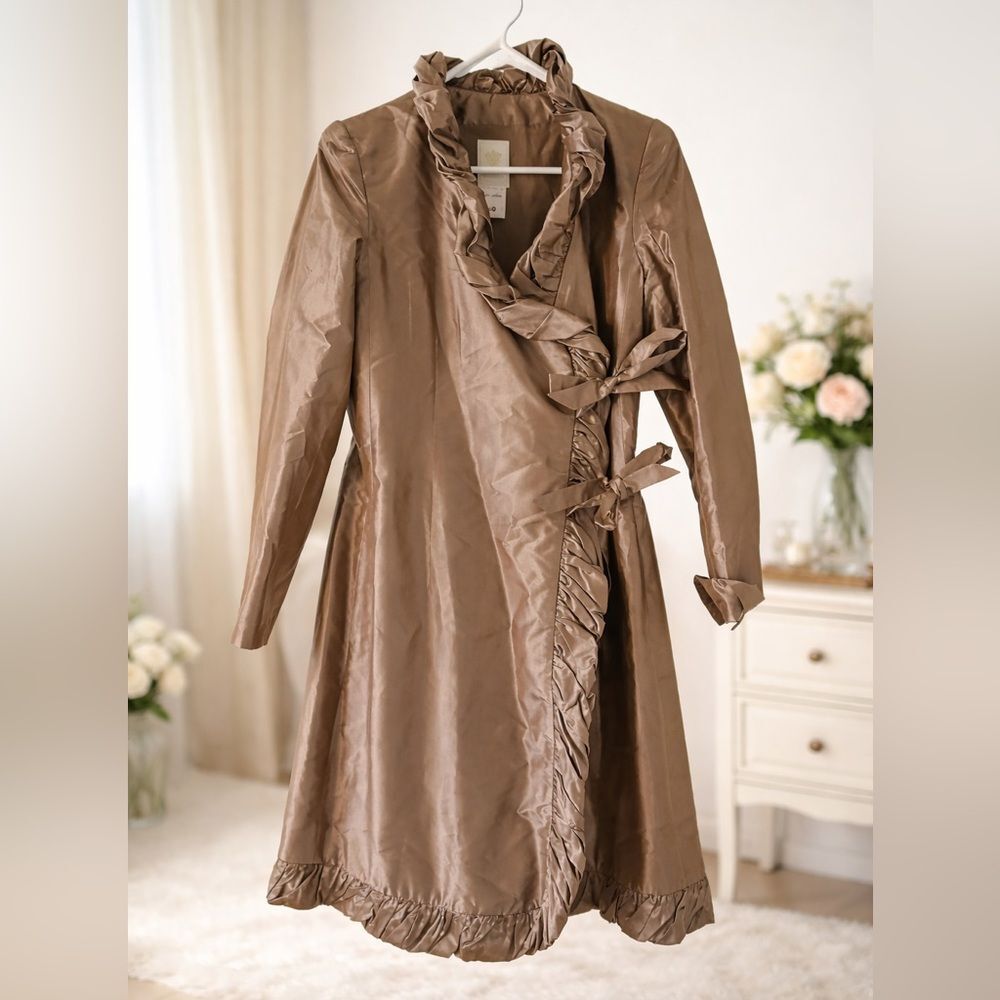 Paule Vasseur Coquette Ruffle Trench Coat Balletcore Satin Wrap Jacket - Picture 2 of 9